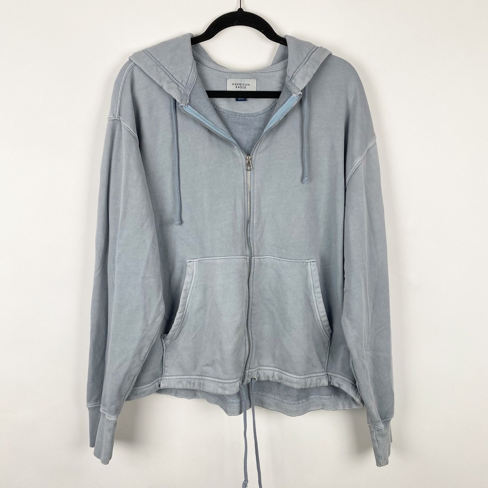 American Eagle Relaxed Fit Full Zip Cotton French Terry Hoodie Mens M Blue